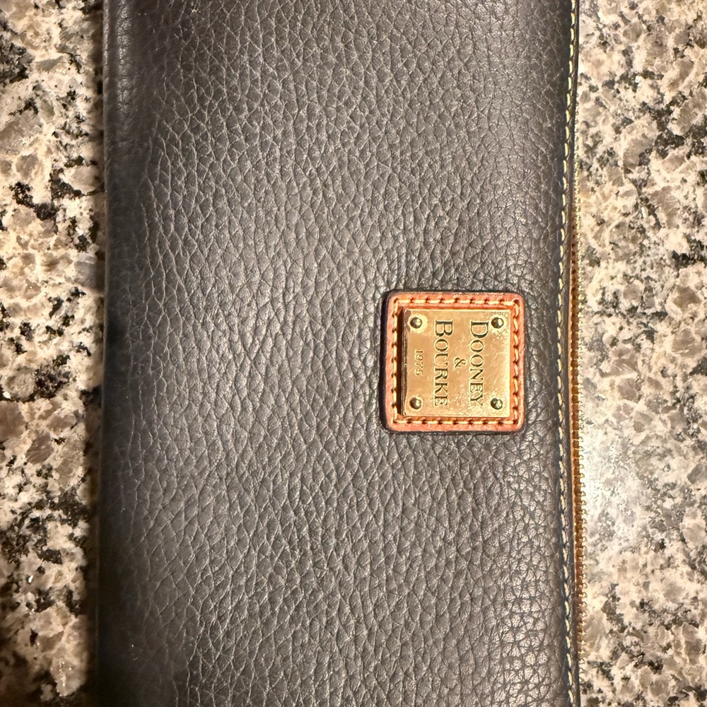 Dooney & Bourke Black Pebbled Leather Zip Wallet with Tan Trim